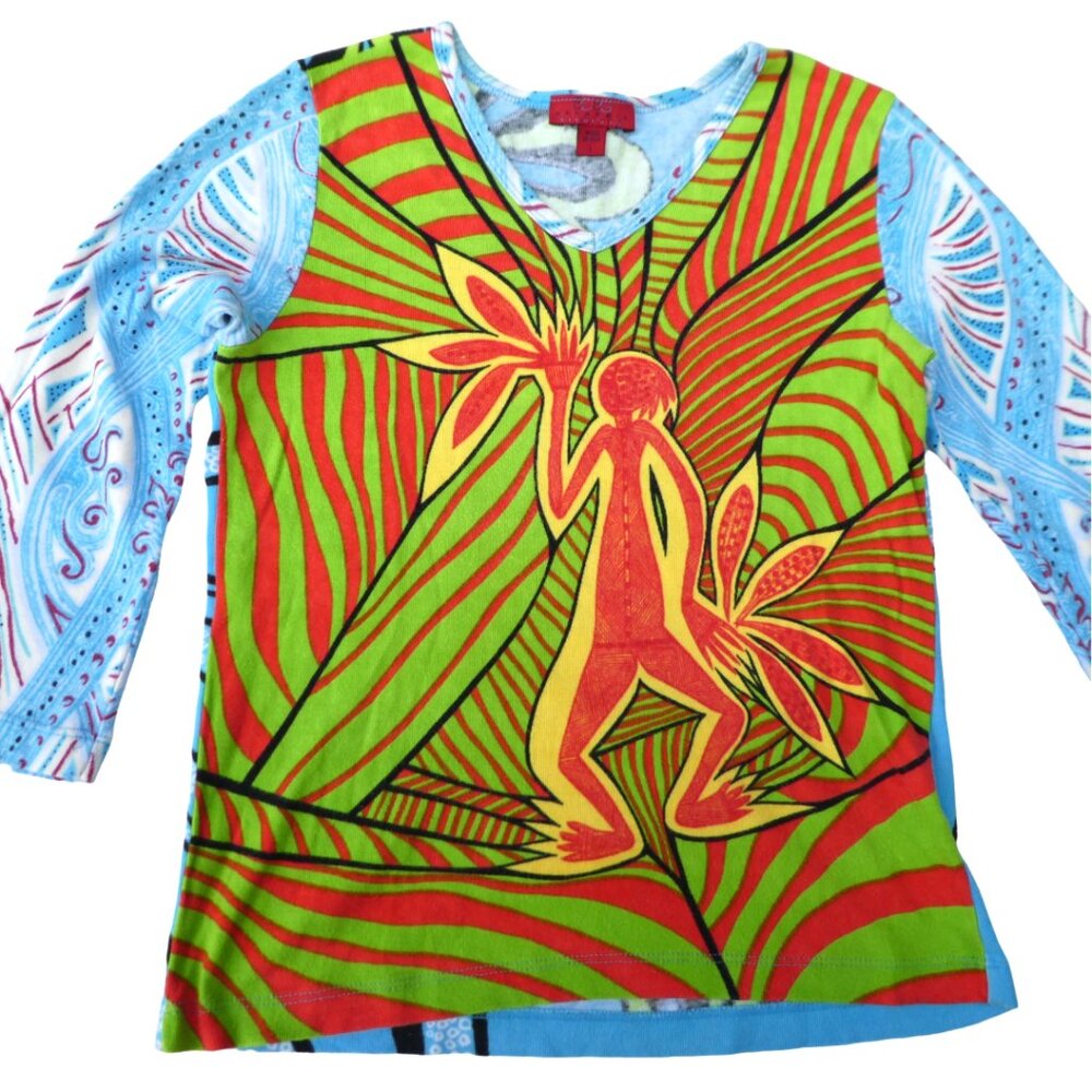 Vintage USA 90s BCBG MaxAzria Elements Mod Psychedelic Lux Cotton Knit V-Neck L